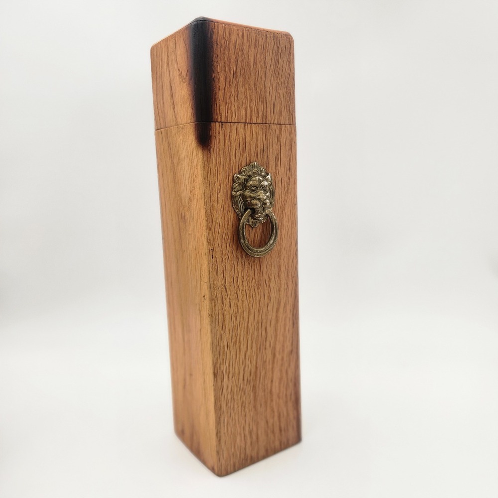 Vintage Oak Wood Match Box Tall Lion Head Knocker Singed Detail Rustic Gothic